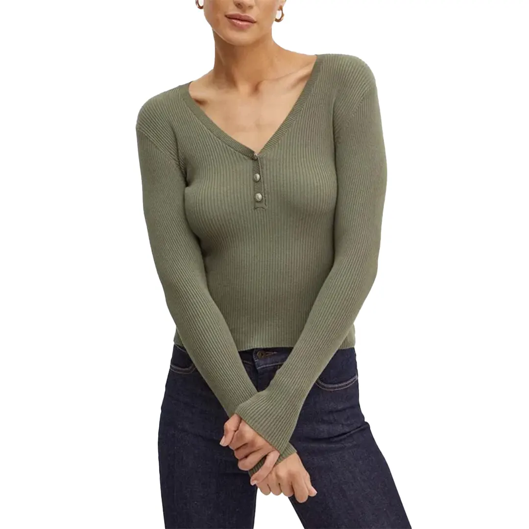 Maglia Con Bottoni Costine - Verde Oliva - XS