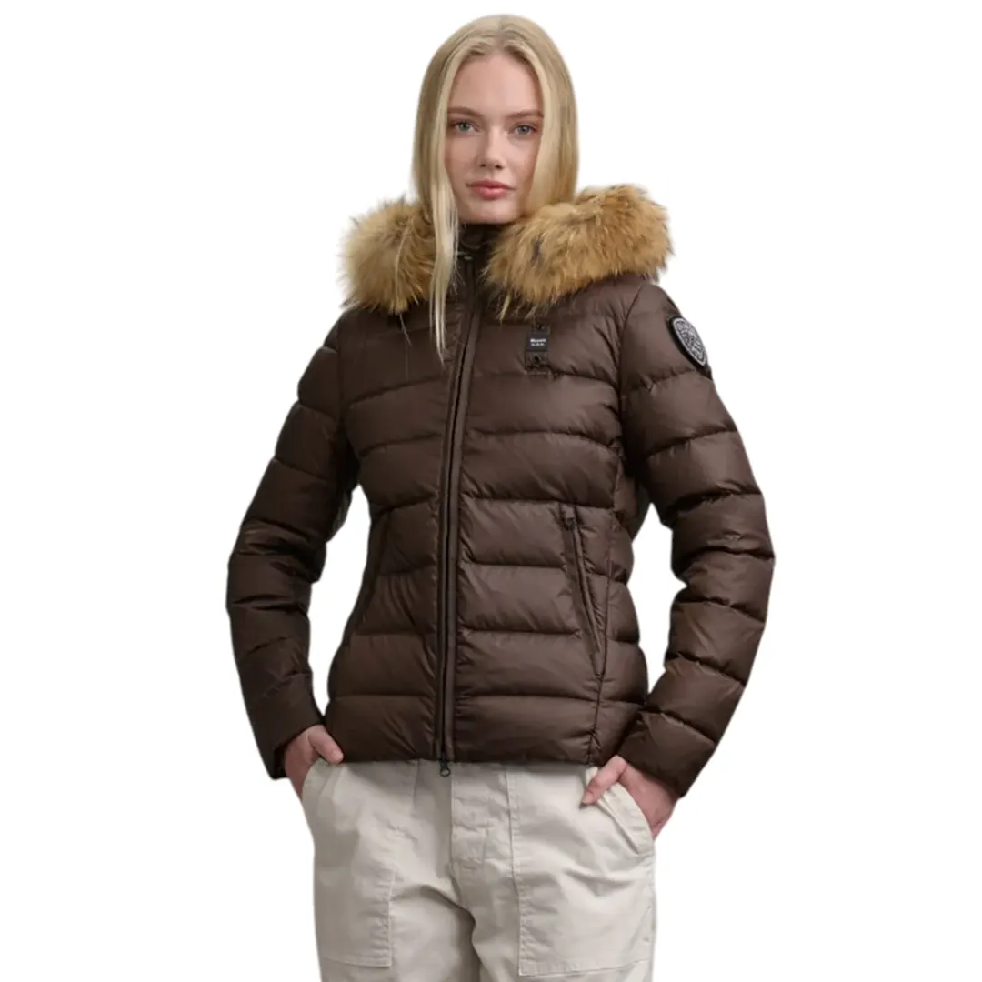 Piumino A Righe Cappuccio Pelliccia Arcadia - Castagna - S