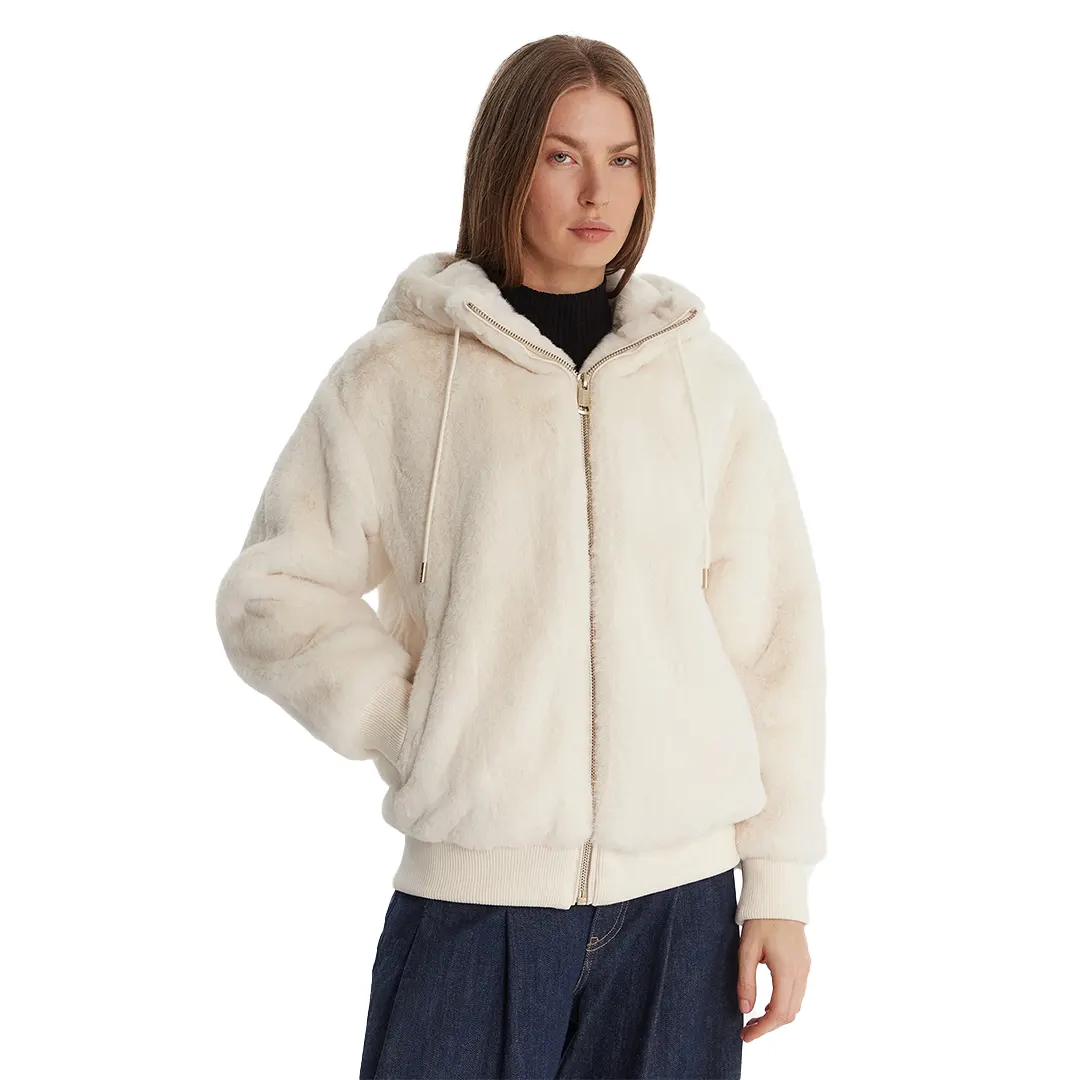 Giacca Cappuccio Zip Ecopelliccia Donna - Bianco - XS