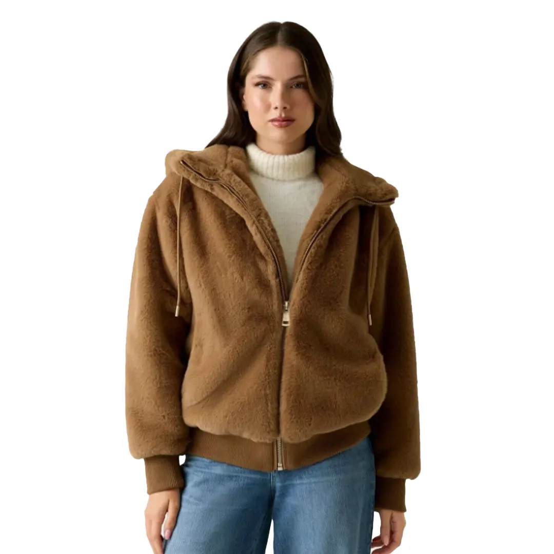 Giacca Cappuccio Zip Ecopelliccia Donna - Beige - XS