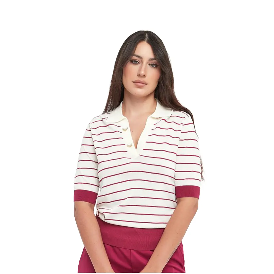 Polo In Maglia Donna - Bianco Rosso - M