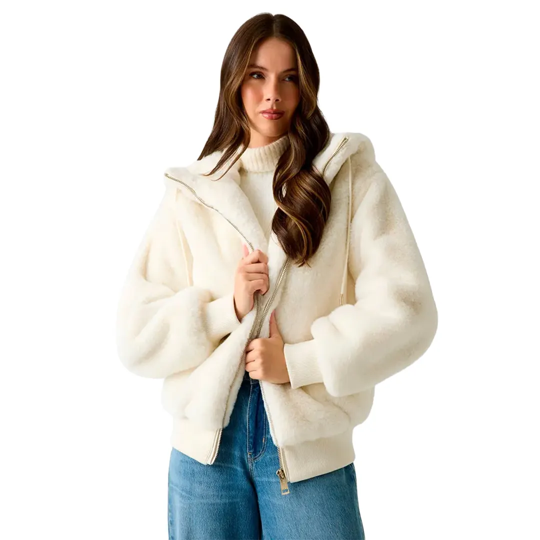 Giubbino Pelliccia Ecologica Cappuccio Zip Donna