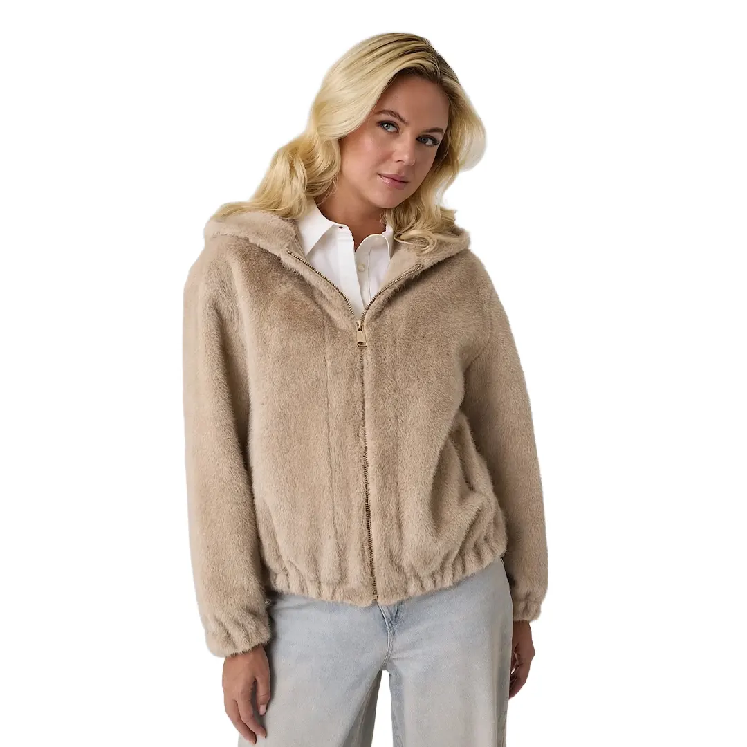 Giacca Pelliccia Cappuccio Donna - Sabbia - S